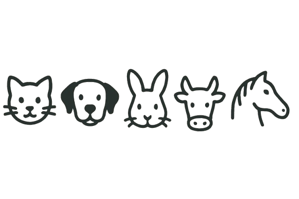 Croquis minimalistes de têtes animales : chat, chien, lapin, vache, cheval